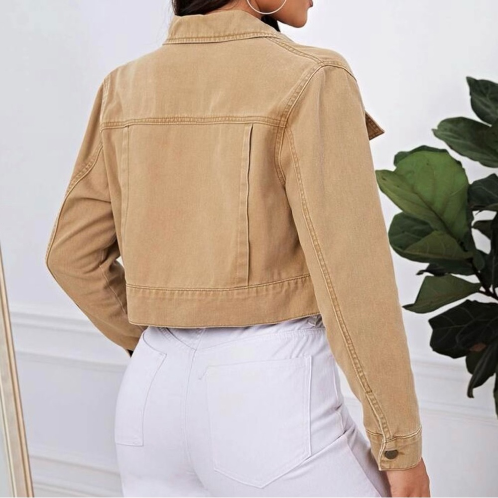 Khaki Cropped Denim Jacket - Picture 3 of 4